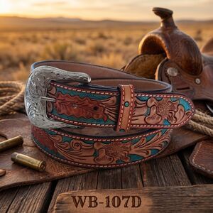 Ranger Belt Co Western Floral Leather Belt Turquoise Tooled Size 36 38 40 42 44